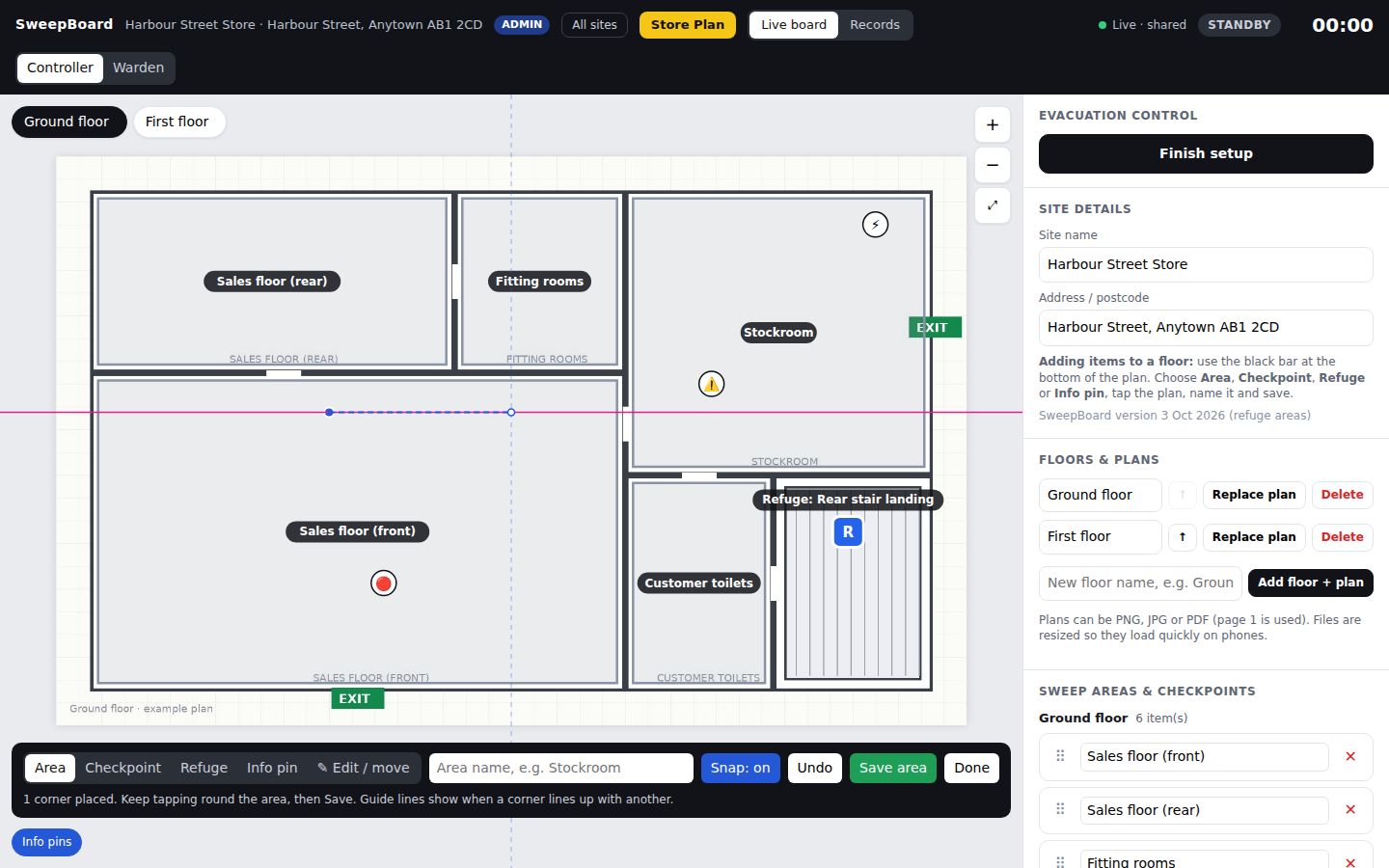 SweepBoard set-up editor drawing a sweep area on a floor plan