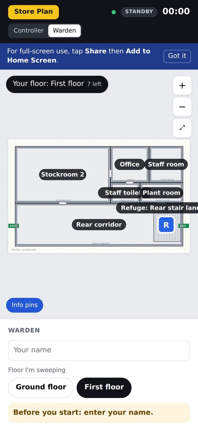 First screen a warden sees after scanning the QR code