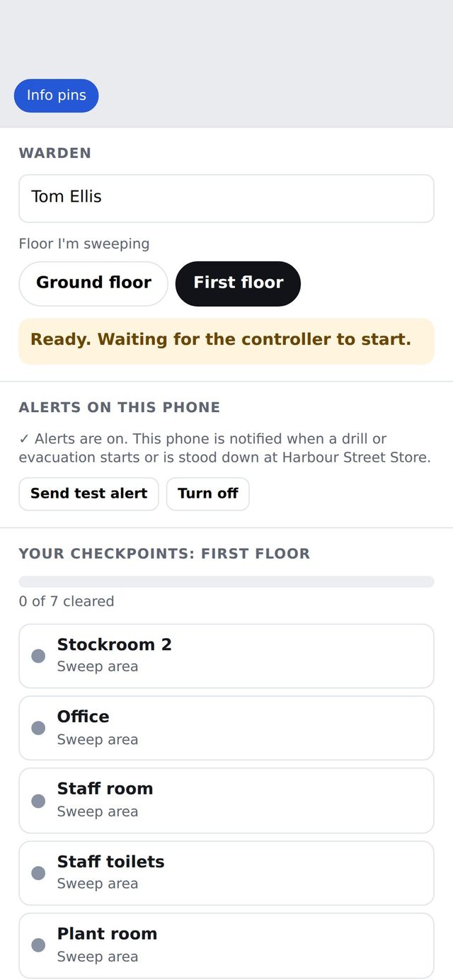 Alert set-up screen on a warden phone