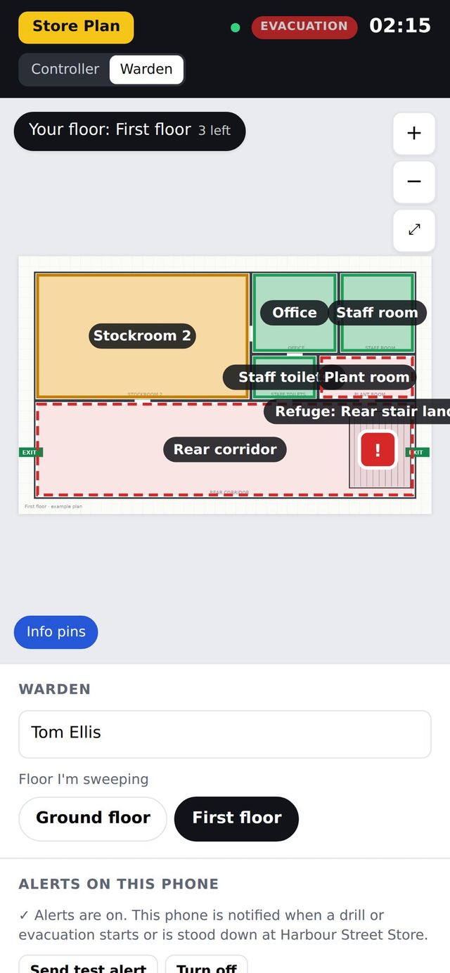 Warden phone showing the live evacuation banner